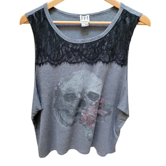 Haute Hippie Gray Lace Skull Graphic Sleeveless Tank Top Made In USA 100% Modal - Picture 1 of 6